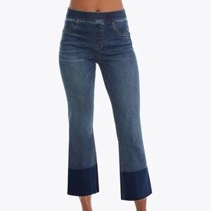 Spanx Cropped Flare Jeans in Medium Wash Denim Fray Hem SMALL